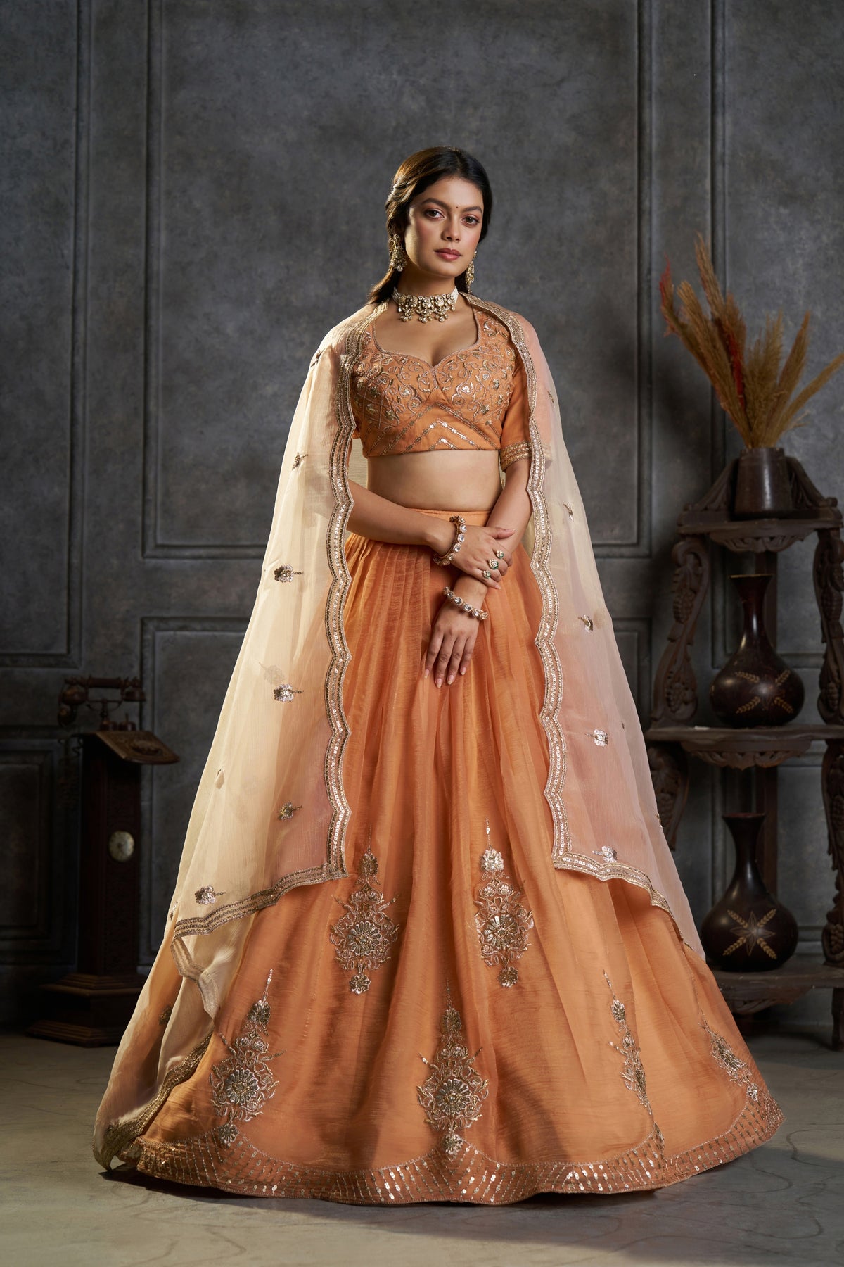 Captivating Rust Orange Organza Embroidered Designer Lehenga Choli with Dupatta for Women