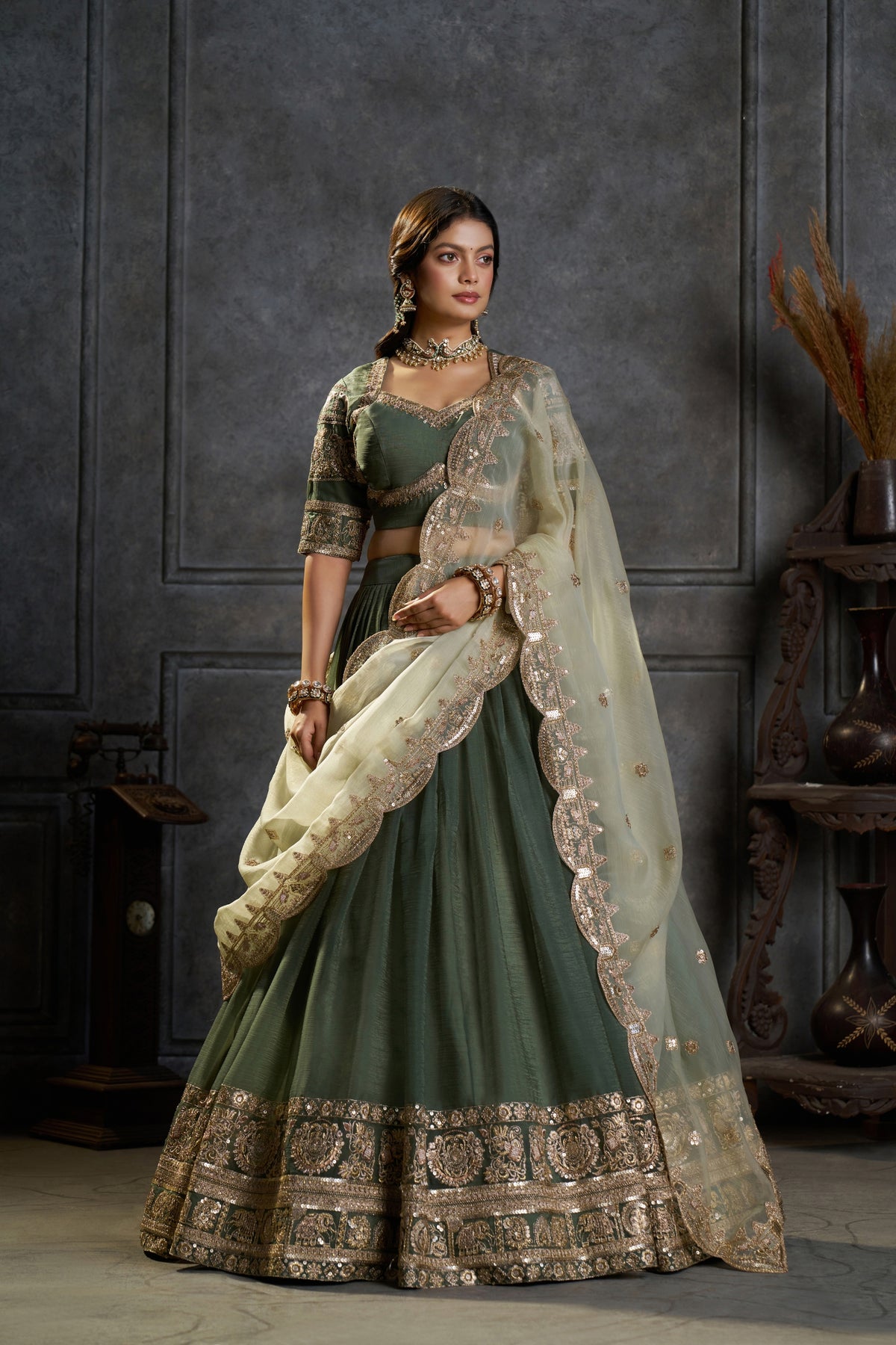 Magnificent Rama Green Organza Embroidered Designer Lehenga Choli with Dupatta for Women
