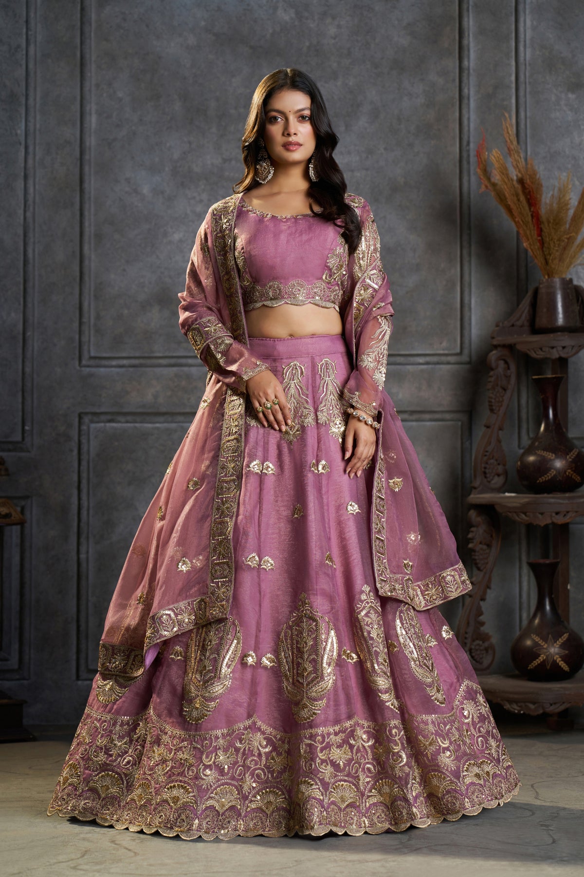 Glamorous Mauve Pink Organza Embroidered Designer Lehenga Choli with Dupatta for Women