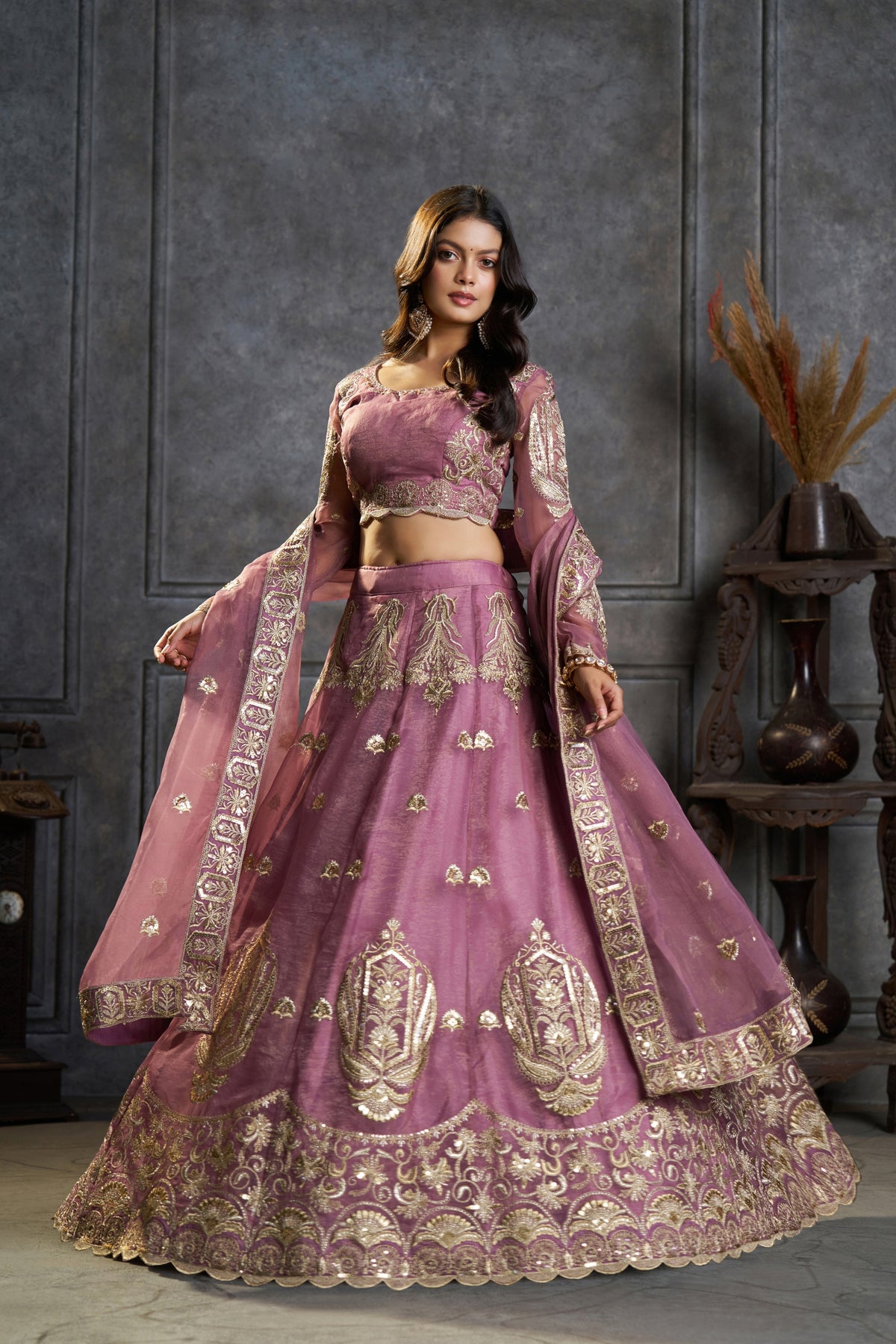 Glamorous Mauve Pink Organza Embroidered Designer Lehenga Choli with Dupatta for Women