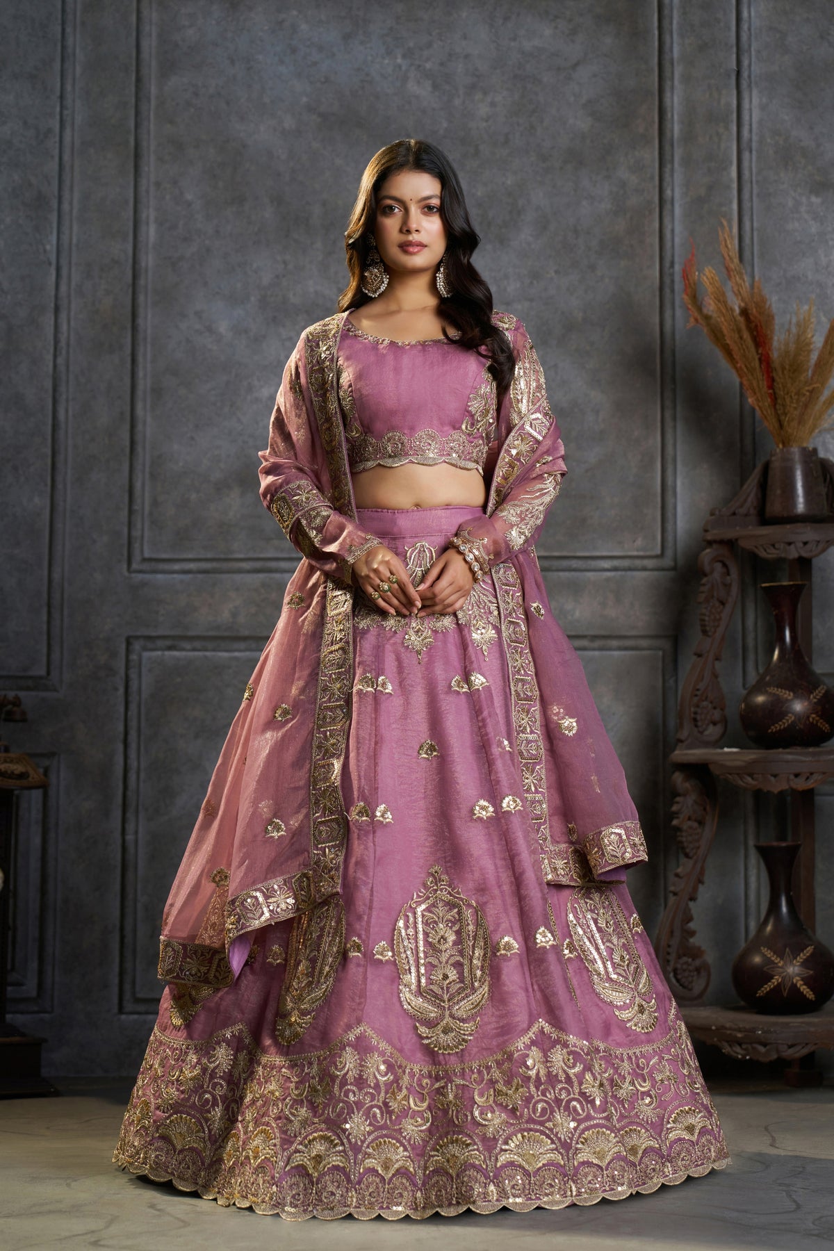 Glamorous Mauve Pink Organza Embroidered Designer Lehenga Choli with Dupatta for Women