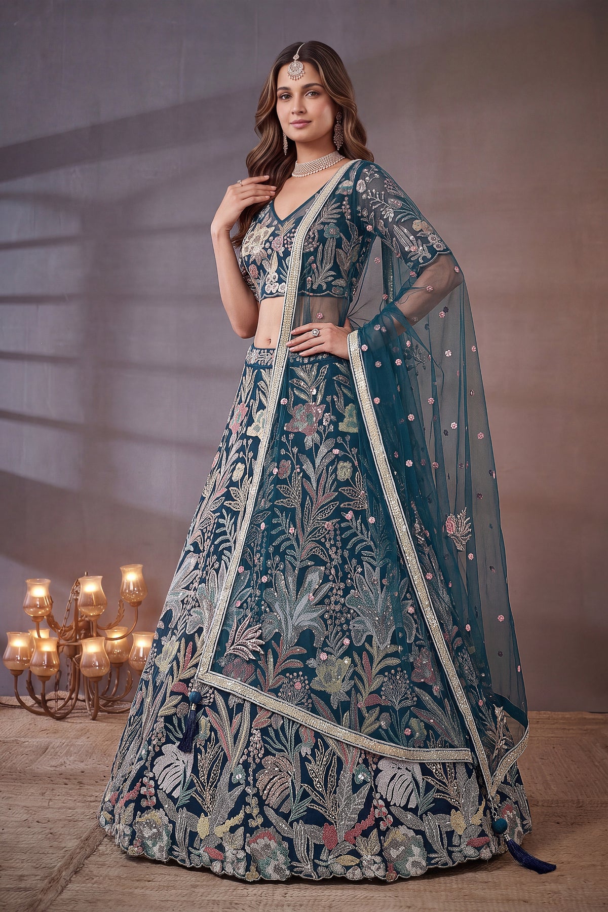 Exquisite Teal Blue Soft Net Floral Embroidered Designer Lehenga Choli with Dupatta