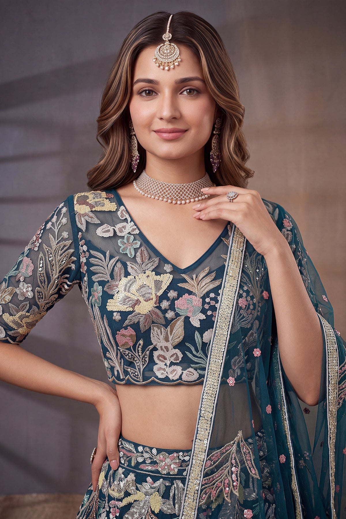 Exquisite Teal Blue Soft Net Floral Embroidered Designer Lehenga Choli with Dupatta