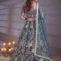 Exquisite Teal Blue Soft Net Floral Embroidered Designer Lehenga Choli with Dupatta