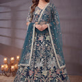 Exquisite Teal Blue Soft Net Floral Embroidered Designer Lehenga Choli with Dupatta