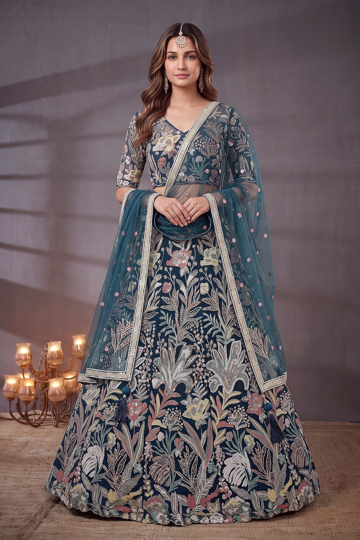 Exquisite Teal Blue Soft Net Floral Embroidered Designer Lehenga Choli with Dupatta