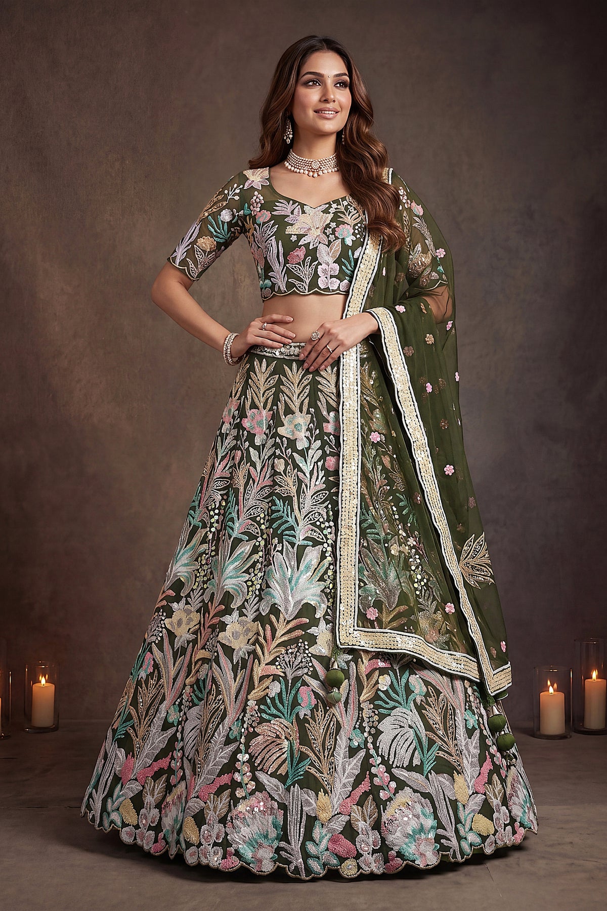 Regal Olive Green Soft Net Floral Embroidered Designer Lehenga Choli with Dupatta for Women