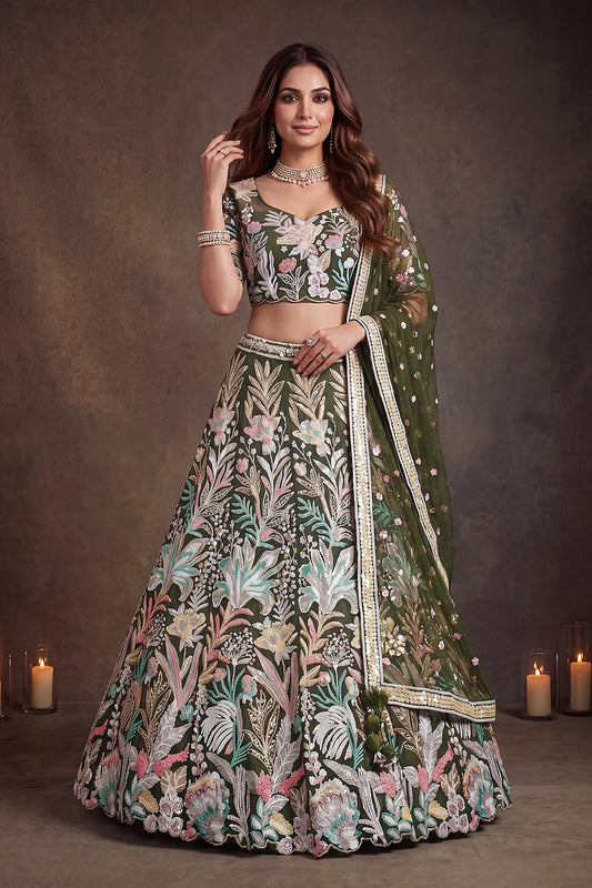 Regal Olive Green Soft Net Floral Embroidered Designer Lehenga Choli with Dupatta for Women