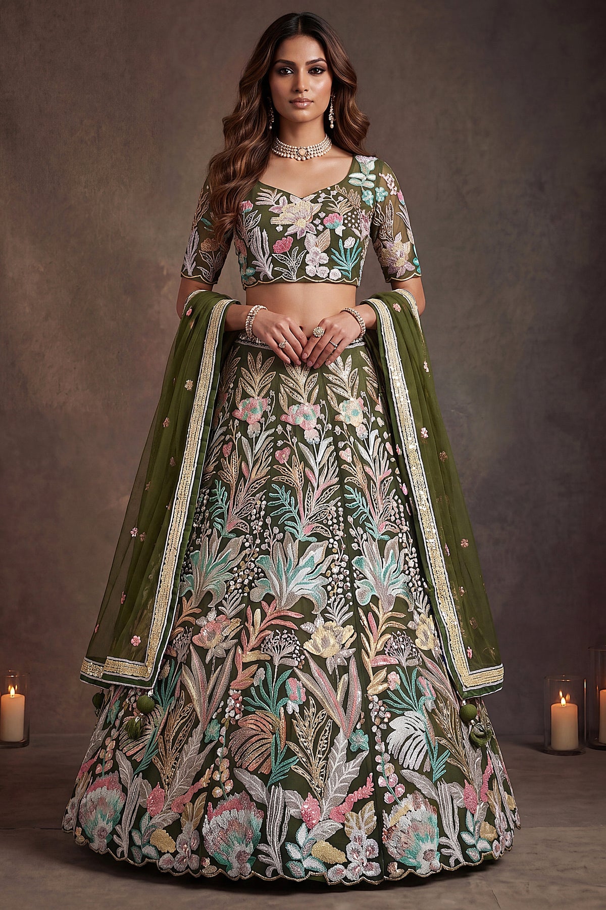 Regal Olive Green Soft Net Floral Embroidered Designer Lehenga Choli with Dupatta for Women