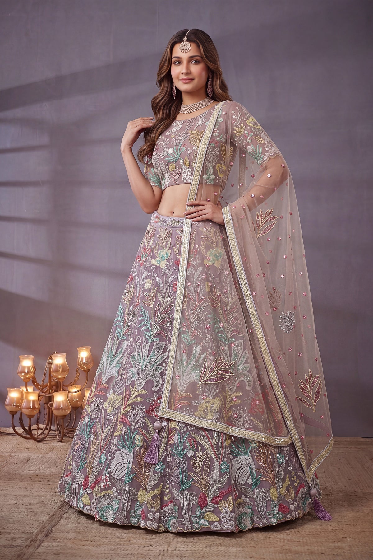 Enchanting Lavender Soft Net Floral Embroidered Designer Lehenga Choli with Dupatta for Women