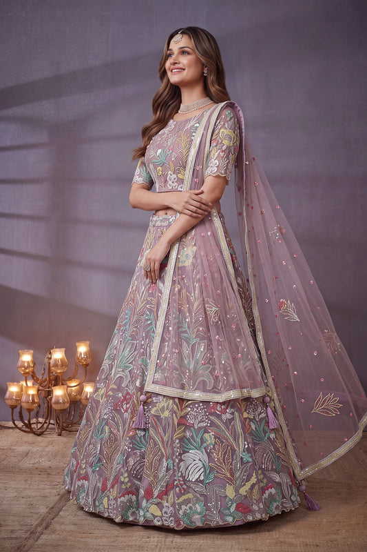 Enchanting Lavender Soft Net Floral Embroidered Designer Lehenga Choli with Dupatta for Women