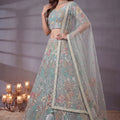 Mesmerizing Sea Green Soft Net Floral Embroidered Designer Lehenga Choli with Dupatta for Women