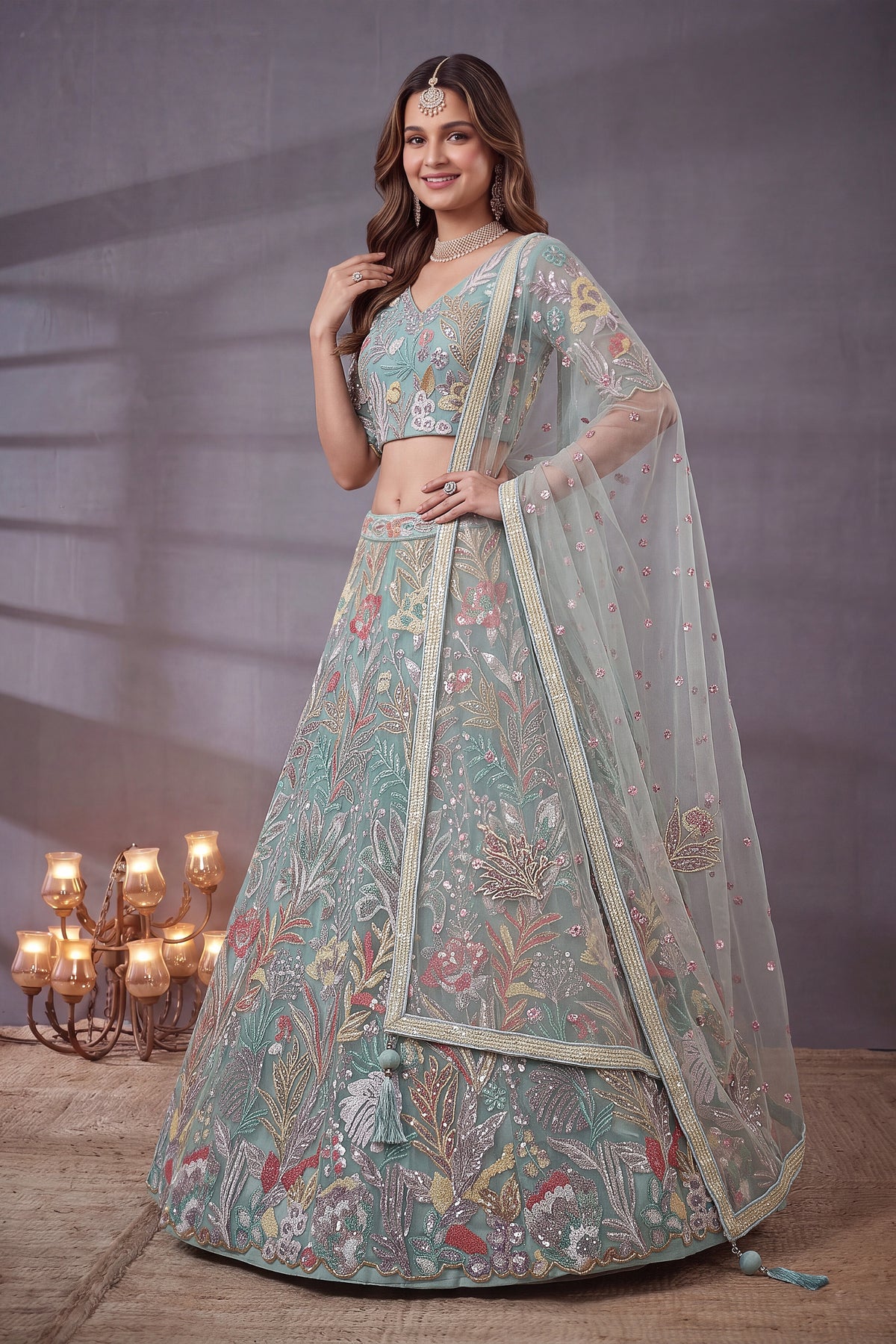 Mesmerizing Sea Green Soft Net Floral Embroidered Designer Lehenga Choli with Dupatta for Women