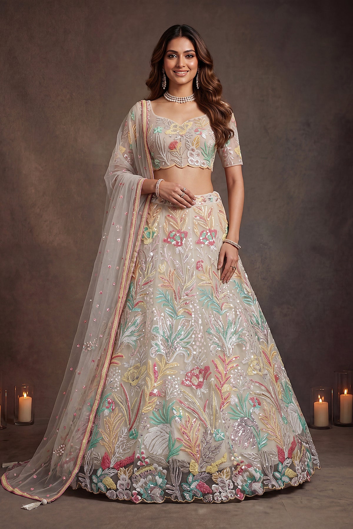 Radiant Off-White Soft Net Floral Embroidered Designer Lehenga Choli with Dupatta for Women