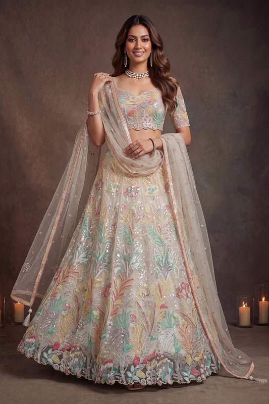 Radiant Off-White Soft Net Floral Embroidered Designer Lehenga Choli with Dupatta for Women