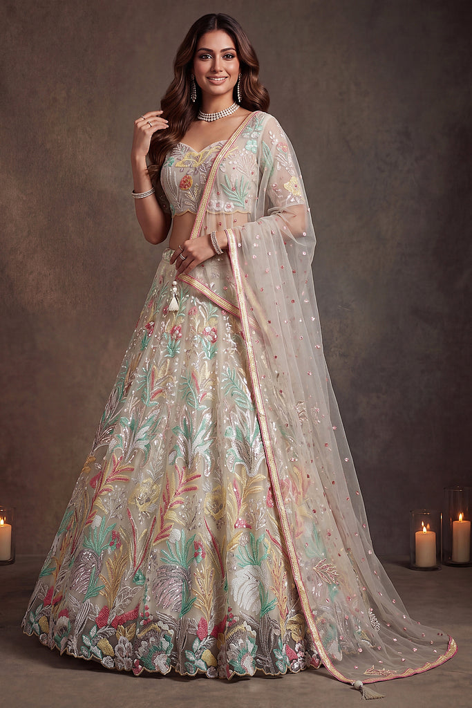 Radiant Off-White Soft Net Floral Embroidered Designer Lehenga Choli with Dupatta for Women