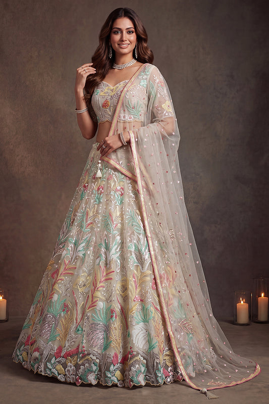 Radiant Off-White Soft Net Floral Embroidered Designer Lehenga Choli with Dupatta for Women