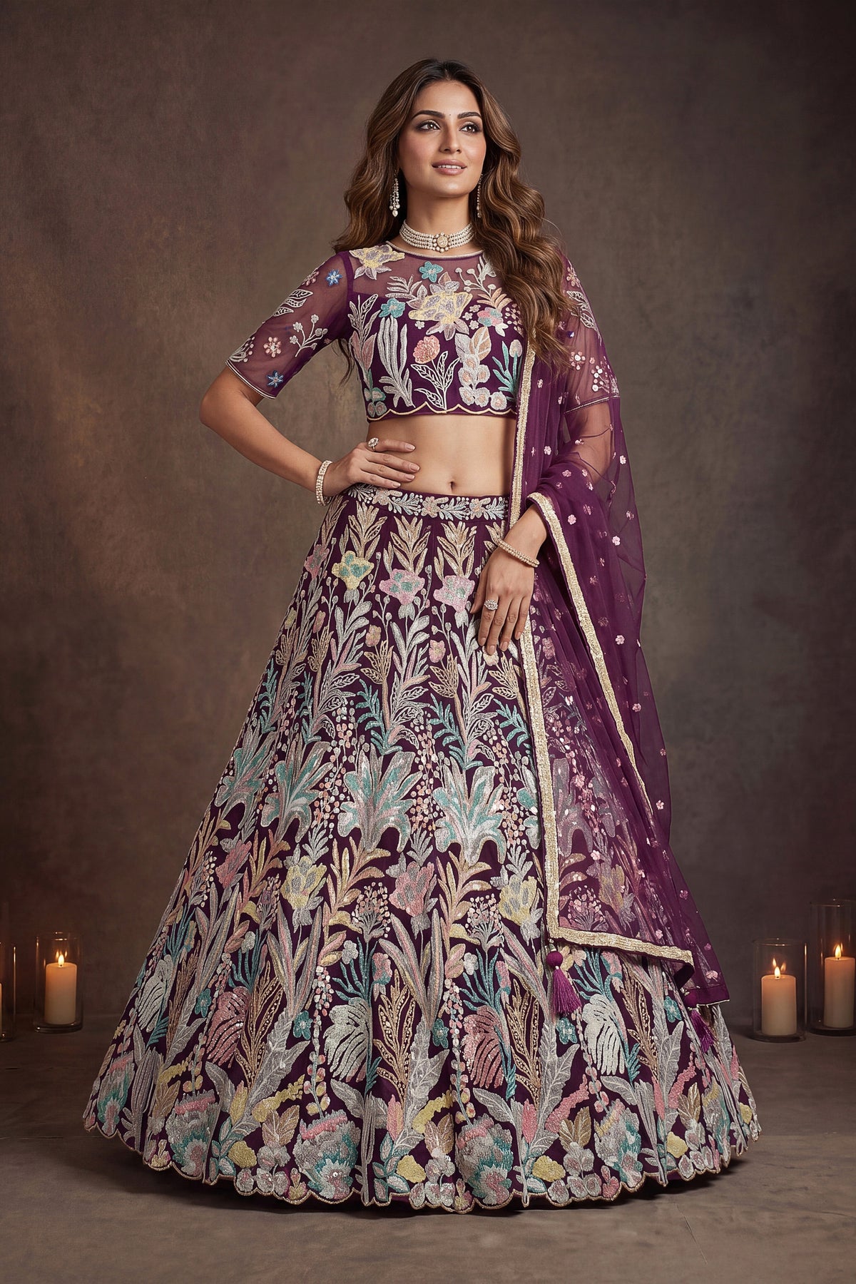 Majestic Wine Soft Net Floral Embroidered Designer Lehenga Choli with Dupatta for Women