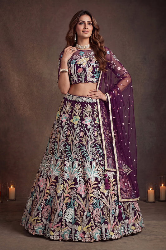 Majestic Wine Soft Net Floral Embroidered Designer Lehenga Choli with Dupatta for Women