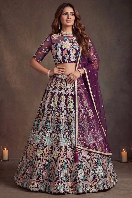 Majestic Wine Soft Net Floral Embroidered Designer Lehenga Choli with Dupatta for Women
