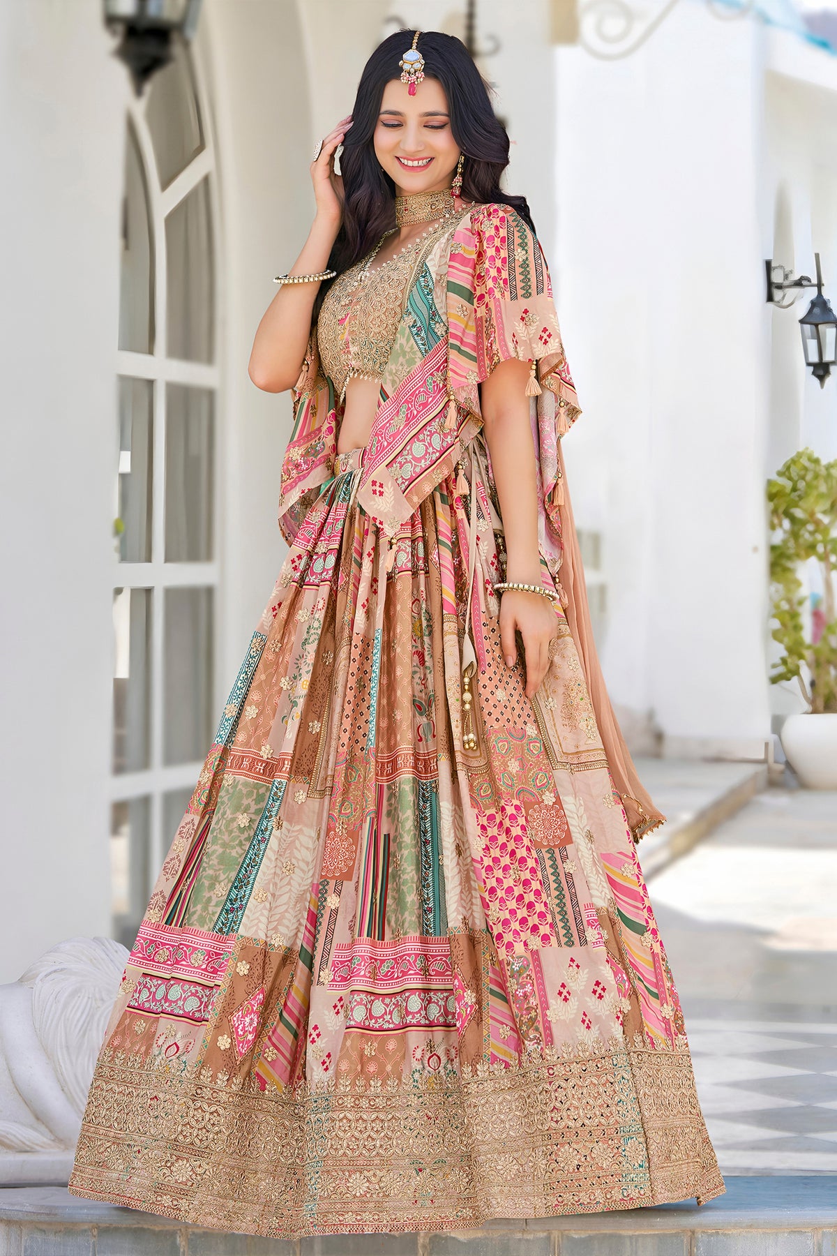 Exquisite Beige Chinnon Silk Digital Print Designer Lehenga Choli with Embroidered Blouse and Dupatta