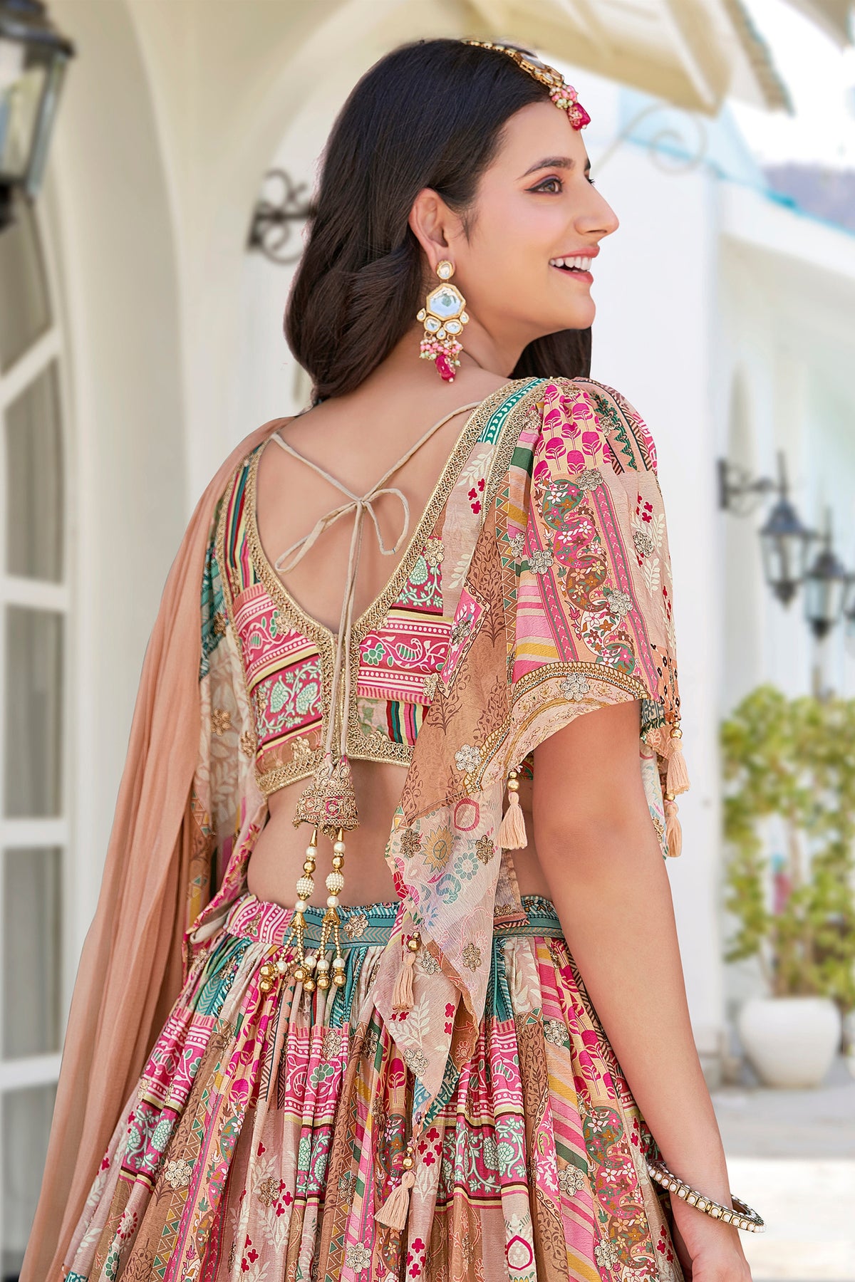 Exquisite Beige Chinnon Silk Digital Print Designer Lehenga Choli with Embroidered Blouse and Dupatta