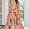 Exquisite Beige Chinnon Silk Digital Print Designer Lehenga Choli with Embroidered Blouse and Dupatta
