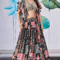 Striking Black Chinnon Silk Digital Print Designer Lehenga Choli with Embroidered Blouse and Dupatta