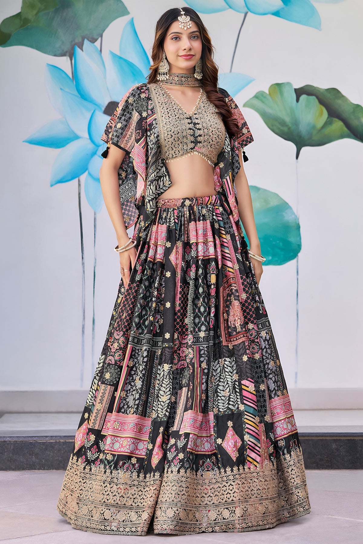 Striking Black Chinnon Silk Digital Print Designer Lehenga Choli with Embroidered Blouse and Dupatta
