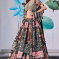 Striking Black Chinnon Silk Digital Print Designer Lehenga Choli with Embroidered Blouse and Dupatta