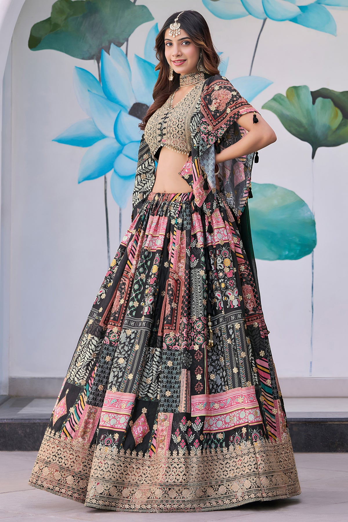 Striking Black Chinnon Silk Digital Print Designer Lehenga Choli with Embroidered Blouse and Dupatta