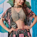 Striking Black Chinnon Silk Digital Print Designer Lehenga Choli with Embroidered Blouse and Dupatta