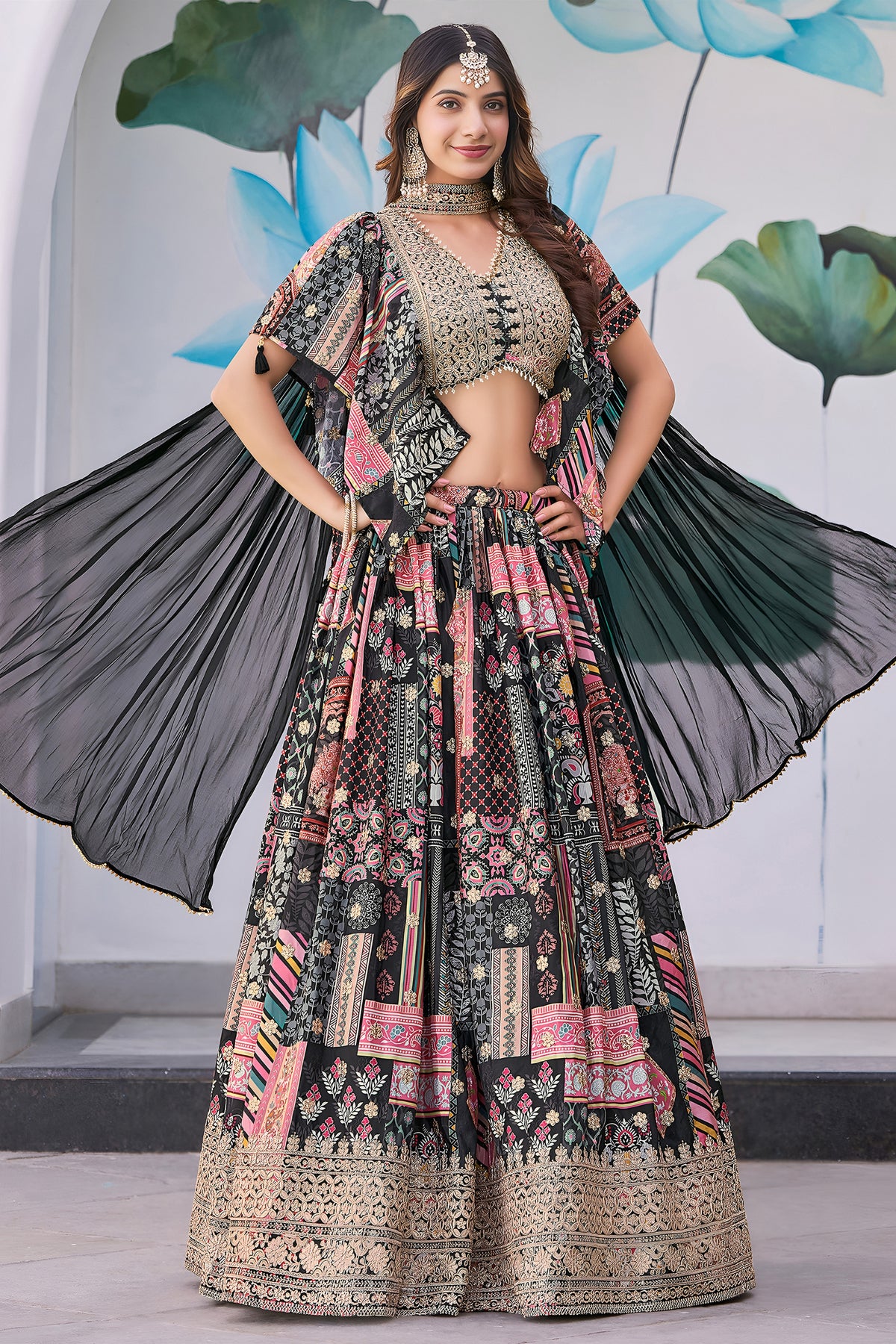 Striking Black Chinnon Silk Digital Print Designer Lehenga Choli with Embroidered Blouse and Dupatta
