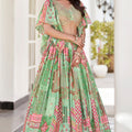 Vibrant Mint Green Chinnon Silk Digital Print Designer Lehenga Choli with Embroidered Blouse and Dupatta