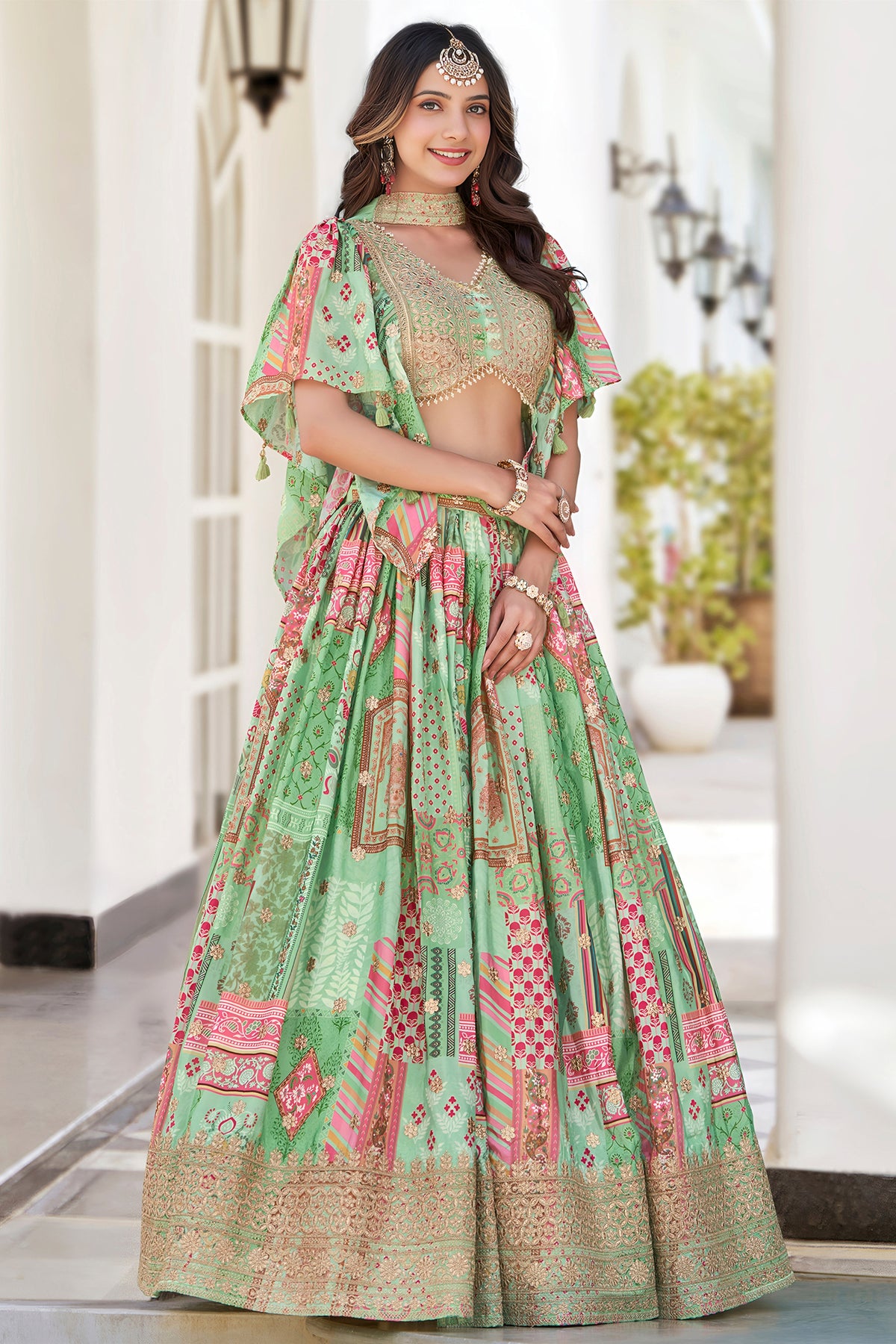 Vibrant Mint Green Chinnon Silk Digital Print Designer Lehenga Choli with Embroidered Blouse and Dupatta