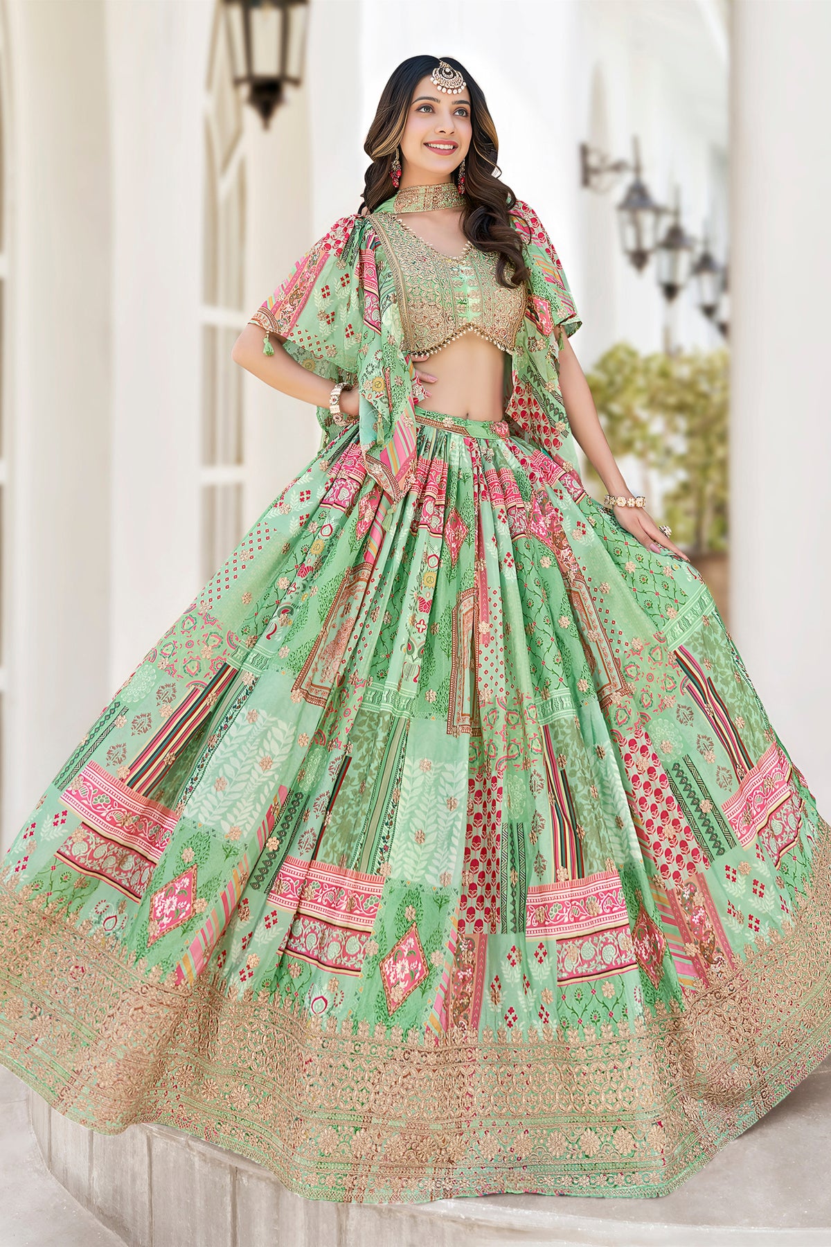 Vibrant Mint Green Chinnon Silk Digital Print Designer Lehenga Choli with Embroidered Blouse and Dupatta