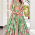 Vibrant Mint Green Chinnon Silk Digital Print Designer Lehenga Choli with Embroidered Blouse and Dupatta