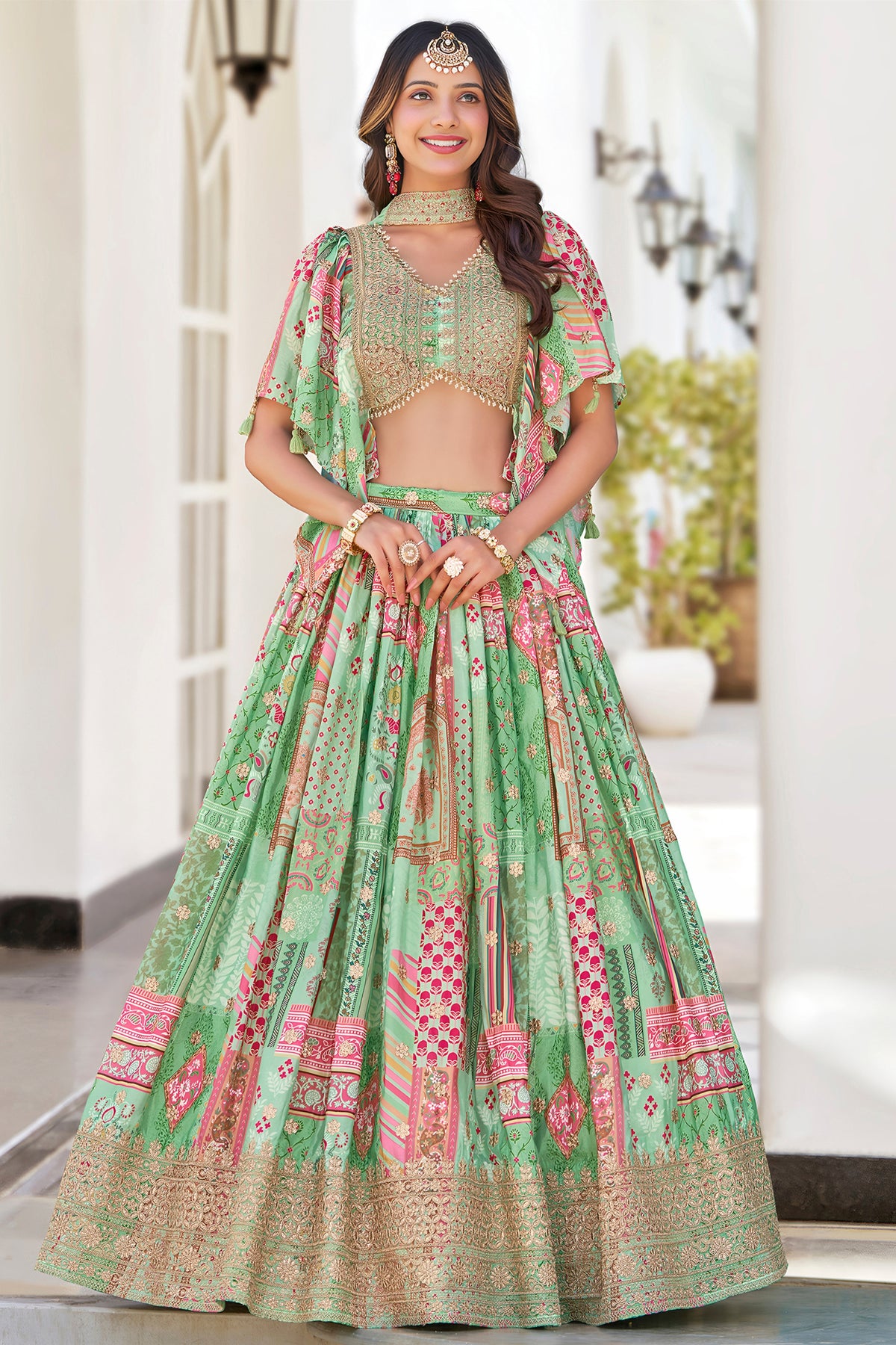 Vibrant Mint Green Chinnon Silk Digital Print Designer Lehenga Choli with Embroidered Blouse and Dupatta