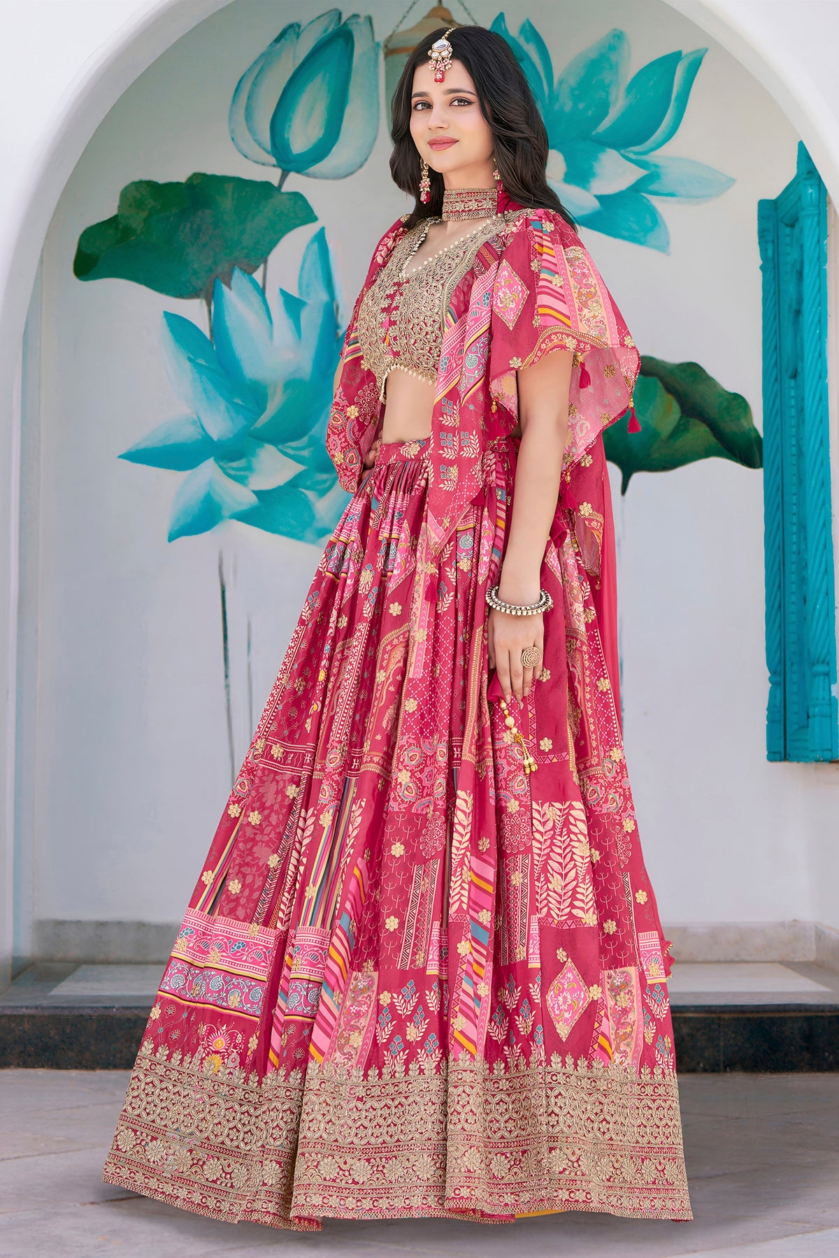 Radiant Rani Pink Chinnon Silk Digital Print Designer Lehenga Choli with Embroidered Blouse and Dupatta