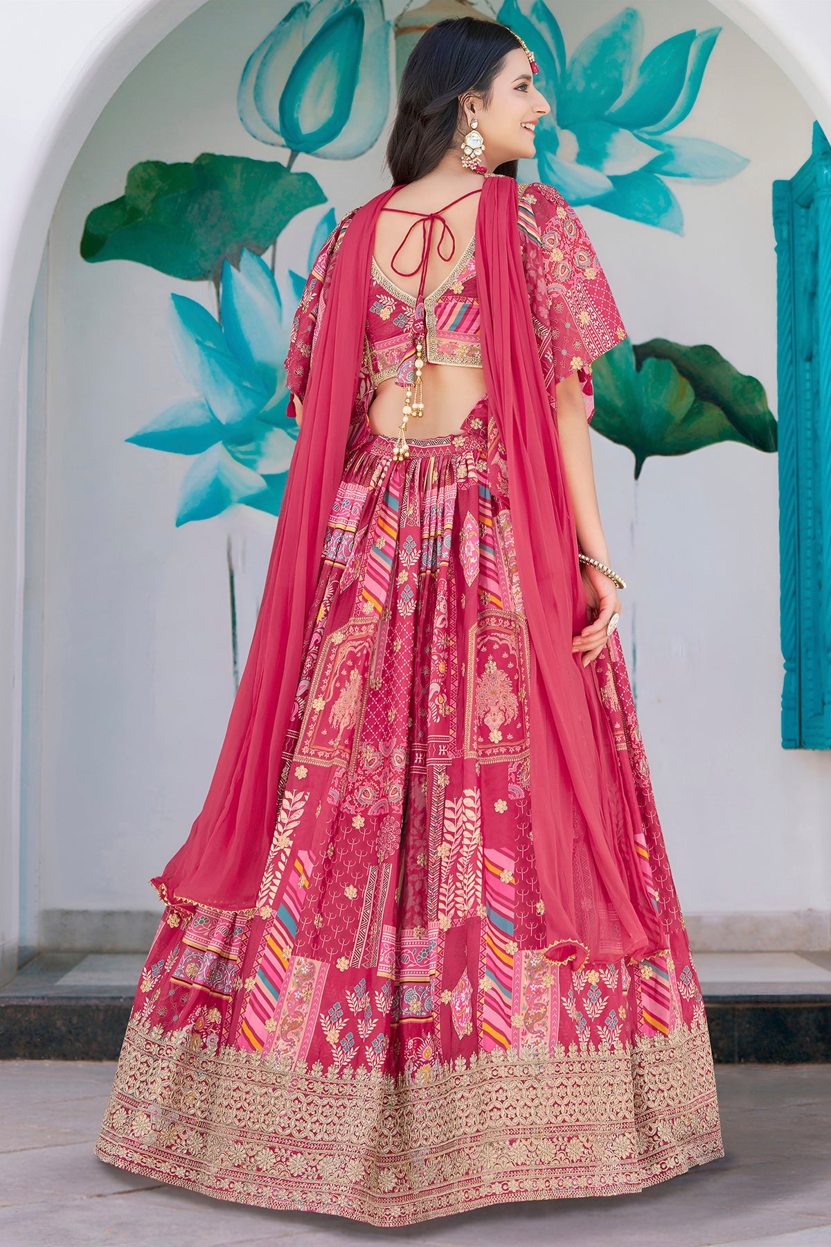 Radiant Rani Pink Chinnon Silk Digital Print Designer Lehenga Choli with Embroidered Blouse and Dupatta