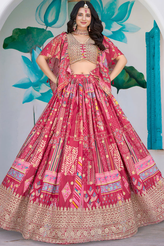 Radiant Rani Pink Chinnon Silk Digital Print Designer Lehenga Choli with Embroidered Blouse and Dupatta