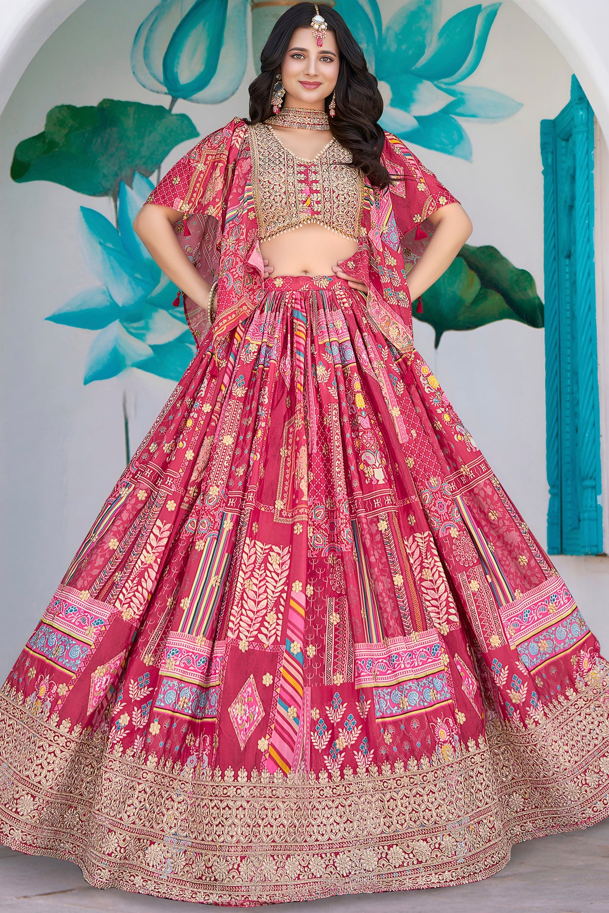 Radiant Rani Pink Chinnon Silk Digital Print Designer Lehenga Choli with Embroidered Blouse and Dupatta