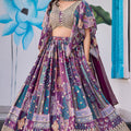 Regal Purple Chinnon Silk Digital Print Designer Lehenga Choli with Embroidered Blouse and Dupatta