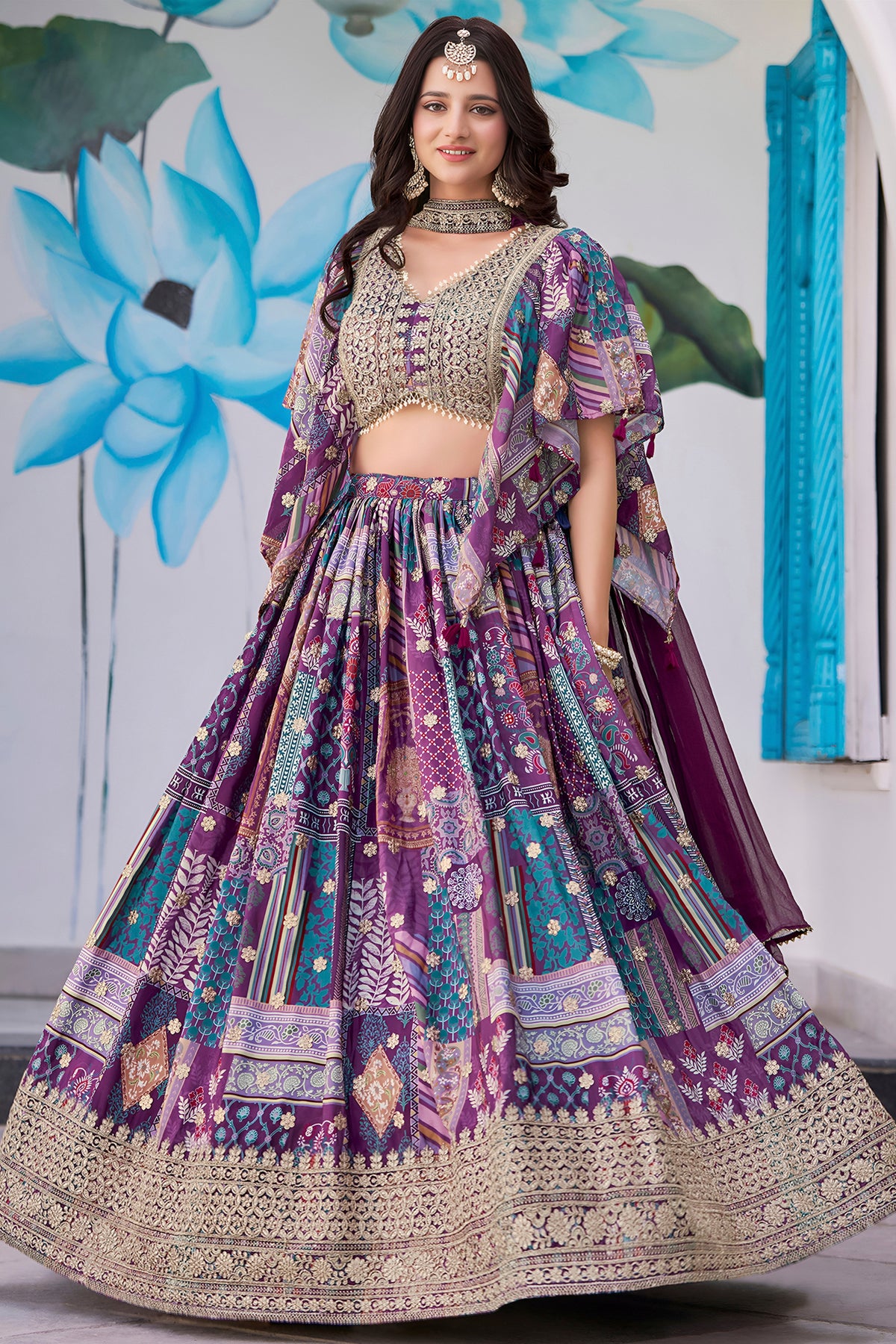 Regal Purple Chinnon Silk Digital Print Designer Lehenga Choli with Embroidered Blouse and Dupatta