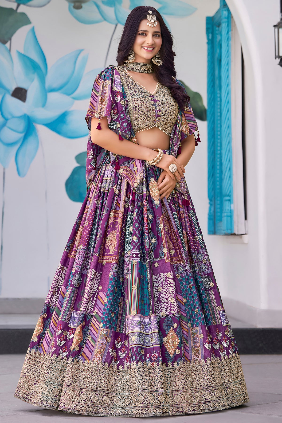 Regal Purple Chinnon Silk Digital Print Designer Lehenga Choli with Embroidered Blouse and Dupatta