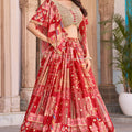 Magnificent Red Chinnon Silk Digital Print Designer Lehenga Choli with Embroidered Blouse and Dupatta