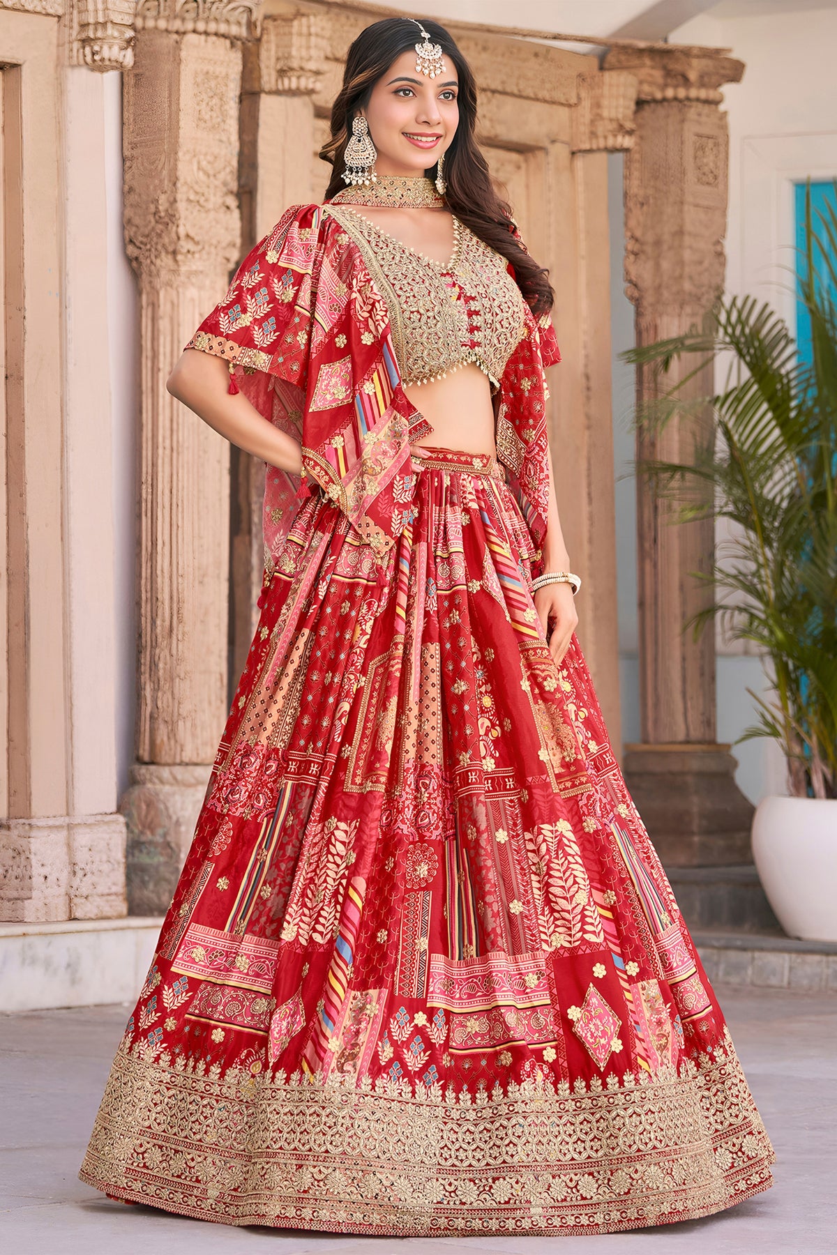 Magnificent Red Chinnon Silk Digital Print Designer Lehenga Choli with Embroidered Blouse and Dupatta