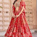 Magnificent Red Chinnon Silk Digital Print Designer Lehenga Choli with Embroidered Blouse and Dupatta