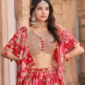 Magnificent Red Chinnon Silk Digital Print Designer Lehenga Choli with Embroidered Blouse and Dupatta