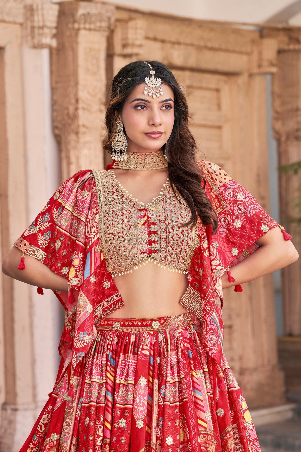 Magnificent Red Chinnon Silk Digital Print Designer Lehenga Choli with Embroidered Blouse and Dupatta